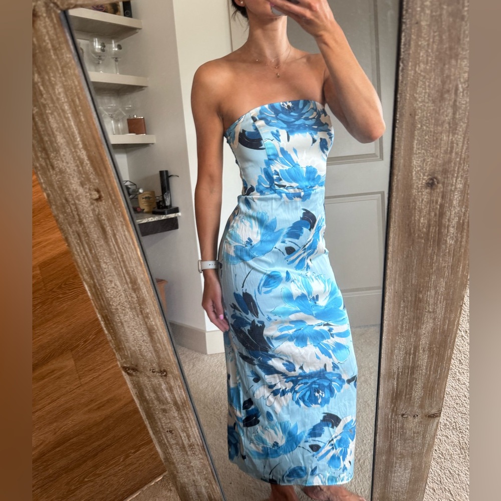 Abercrombie & Fitch Strapless Midi Dress in Light Blue Floral